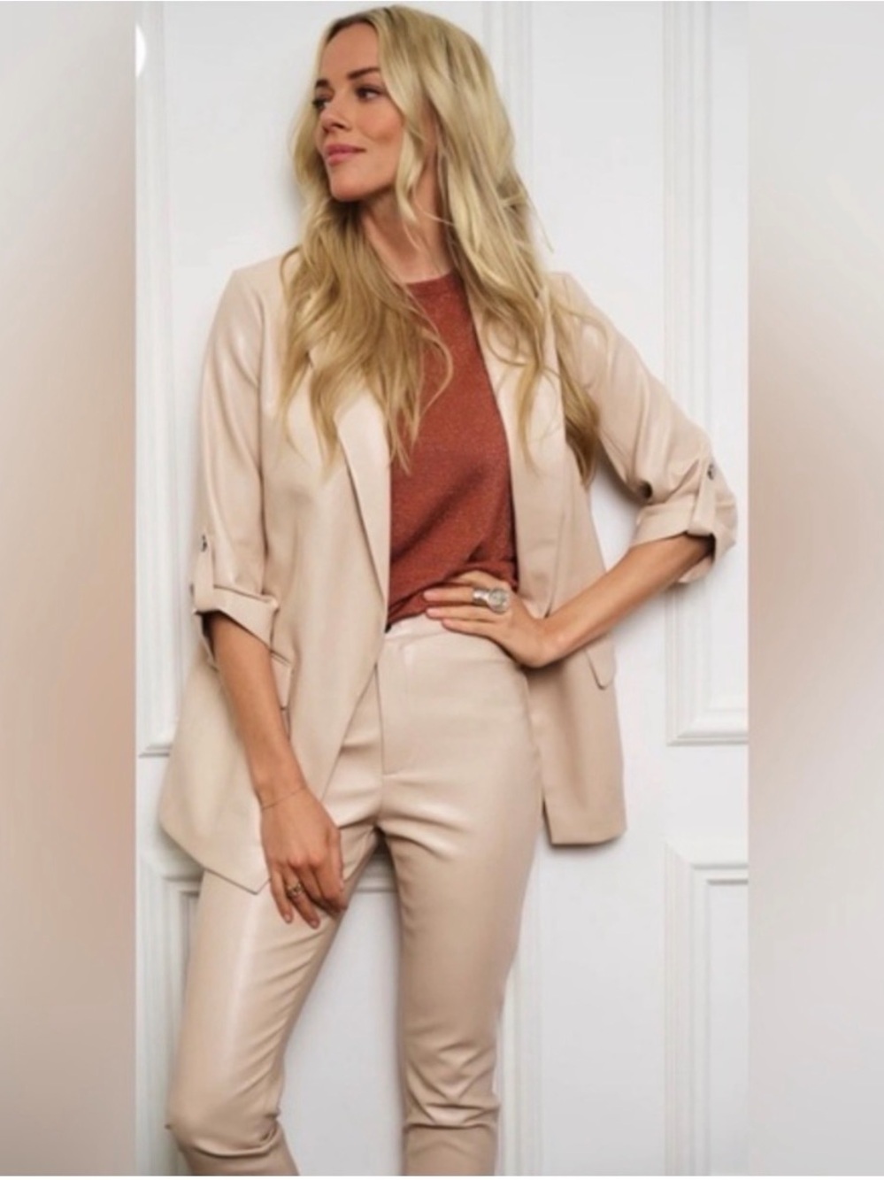 NWT ESQUALO Hot Ticket BISCUIT Pink Faux Leather Blazer Jacket